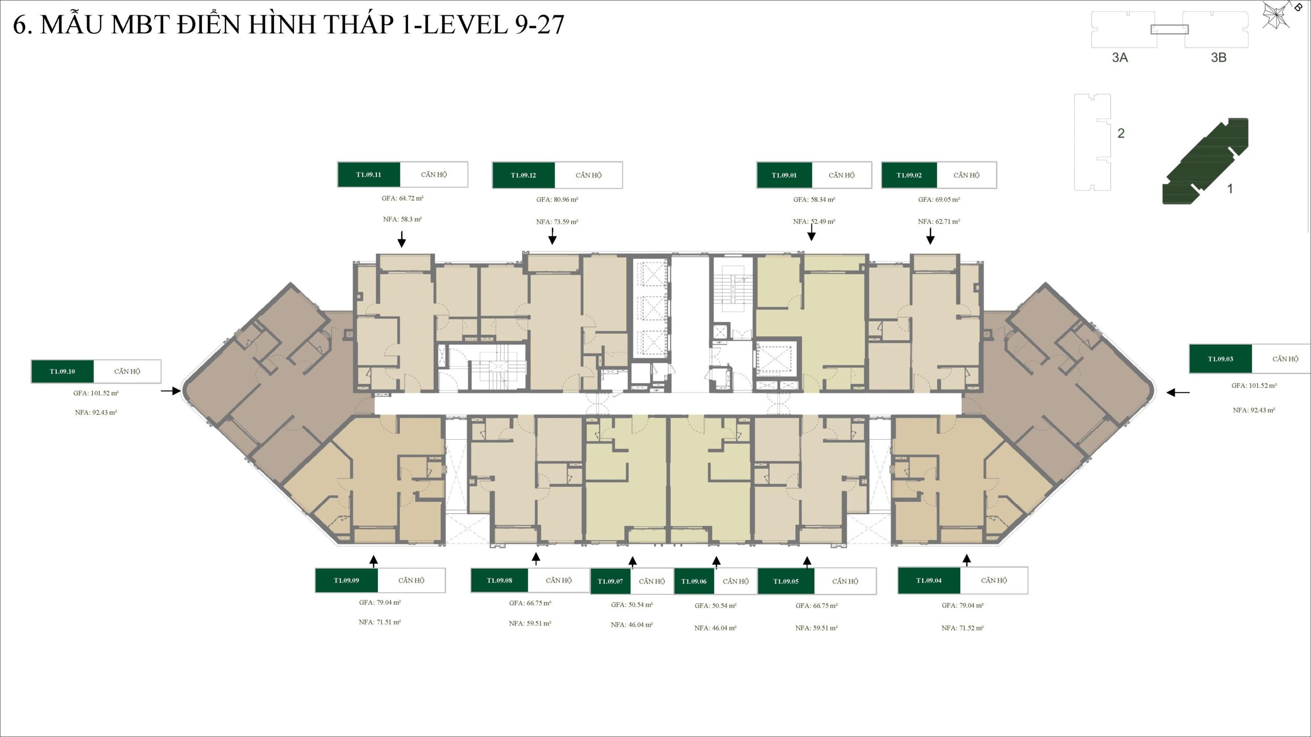 mặt bằng tầng 9-27 tháp T1