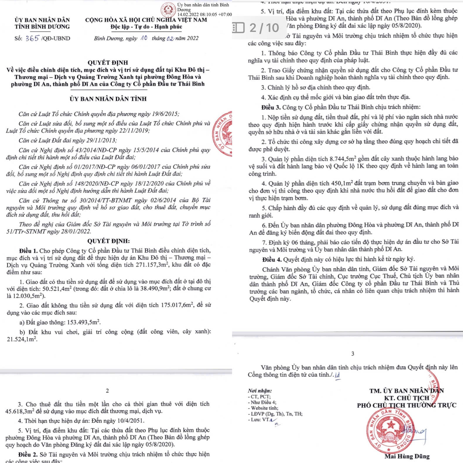 quyết định điều chỉnh vị trí sử dụng đất